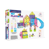 Magna-Tiles Pet Playhouse toy set packaging with colorful building blocks and slide on a white background