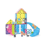 Magnetic building set with colorful blocks and a slide on a white background