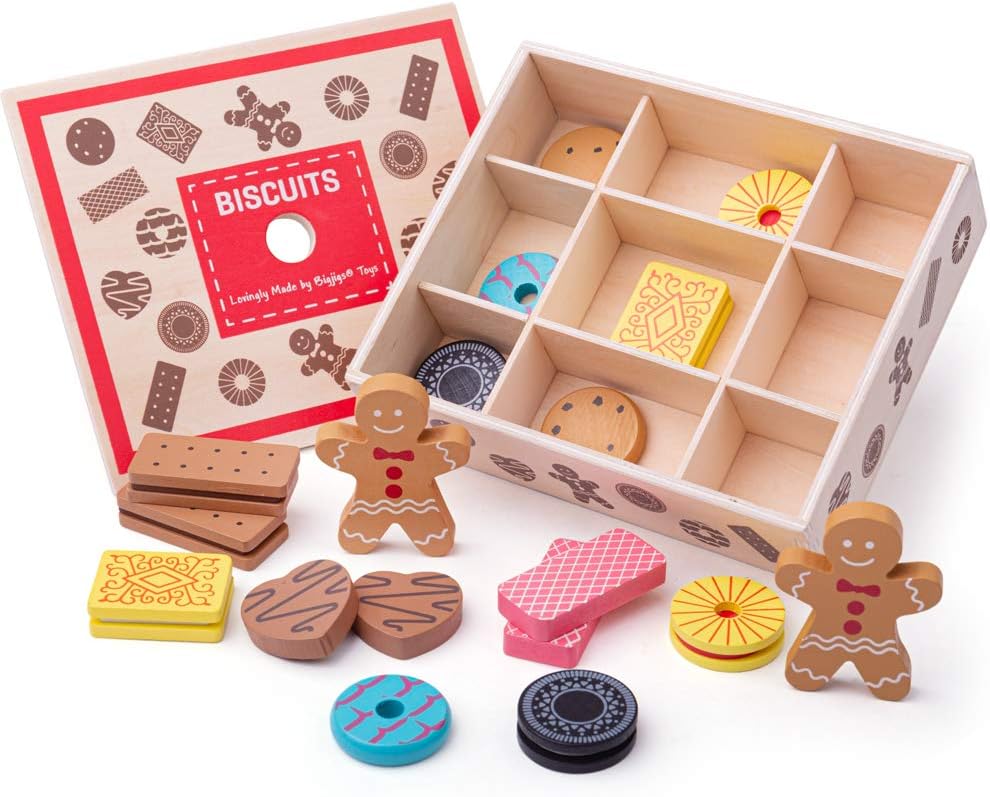 Bigjigs Wooden Box of Biscuits with 9 assorted wooden biscuits