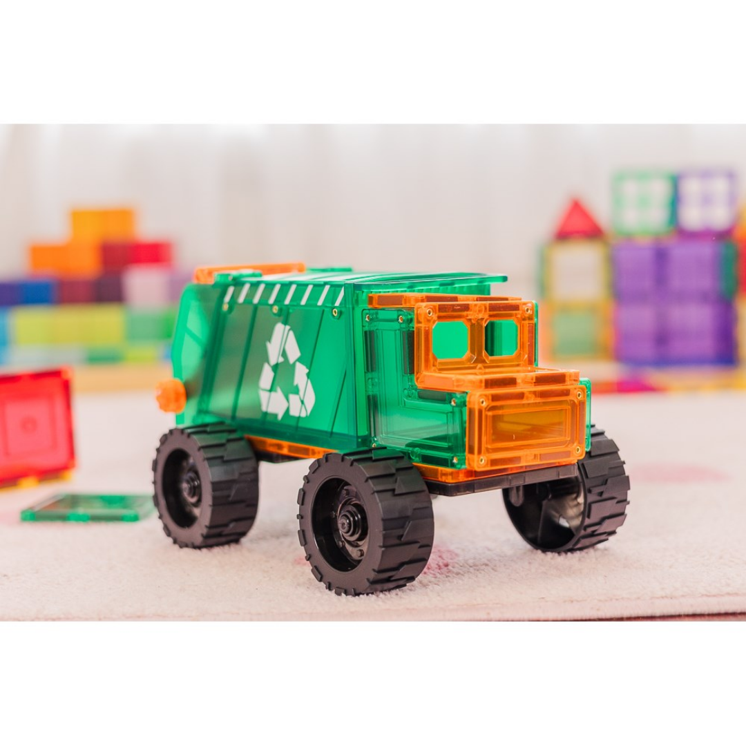 Close-up detail of the TileTek 14 Piece Mega Recycling Truck magnetic tiles