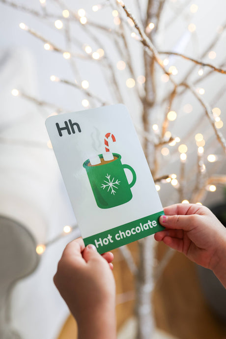Christmas Flash Cards on the fridge