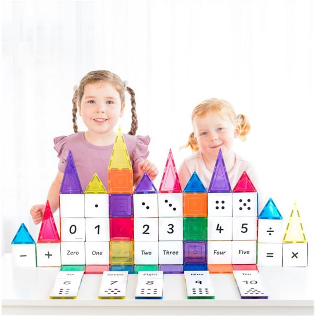 Children playing with the TileTek Numbers Pack Tile Toppers on magnetic tiles
