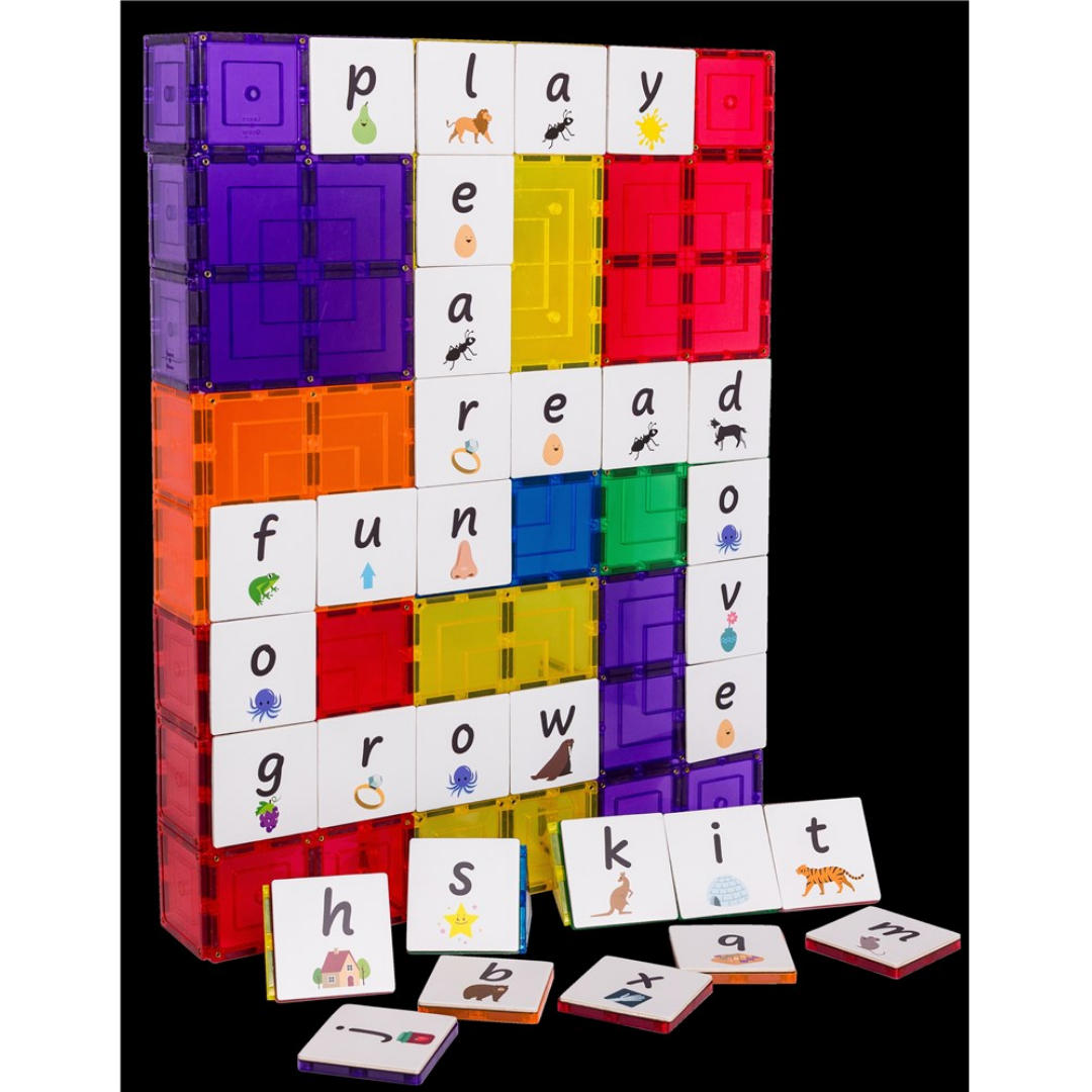 Close-up of the timber TileTek Alphabet Lowercase Pack Tile Toppers pieces