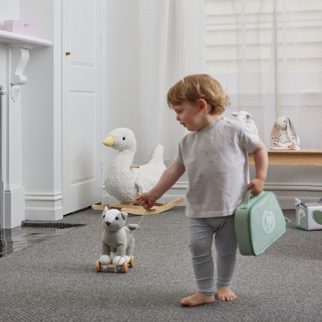 Cat Plush Pull Along in use