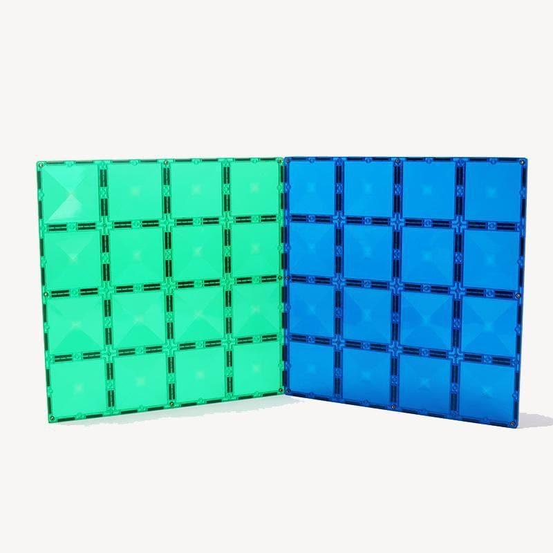 Close-up detail of the Connetix 2 Piece Base Plates - Blue & Green Pack