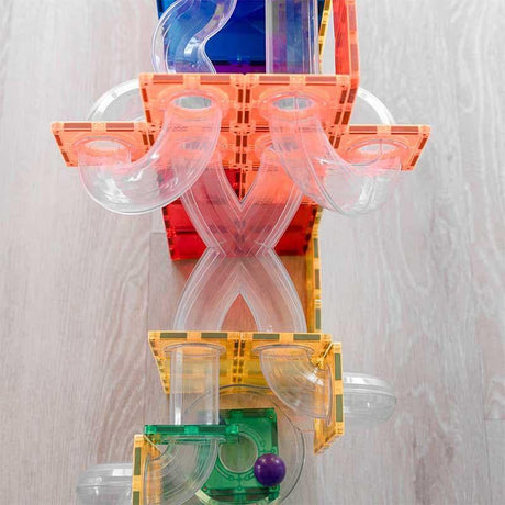 Connetix 66 pc Ball Run Expansion Pack built into a finished structure