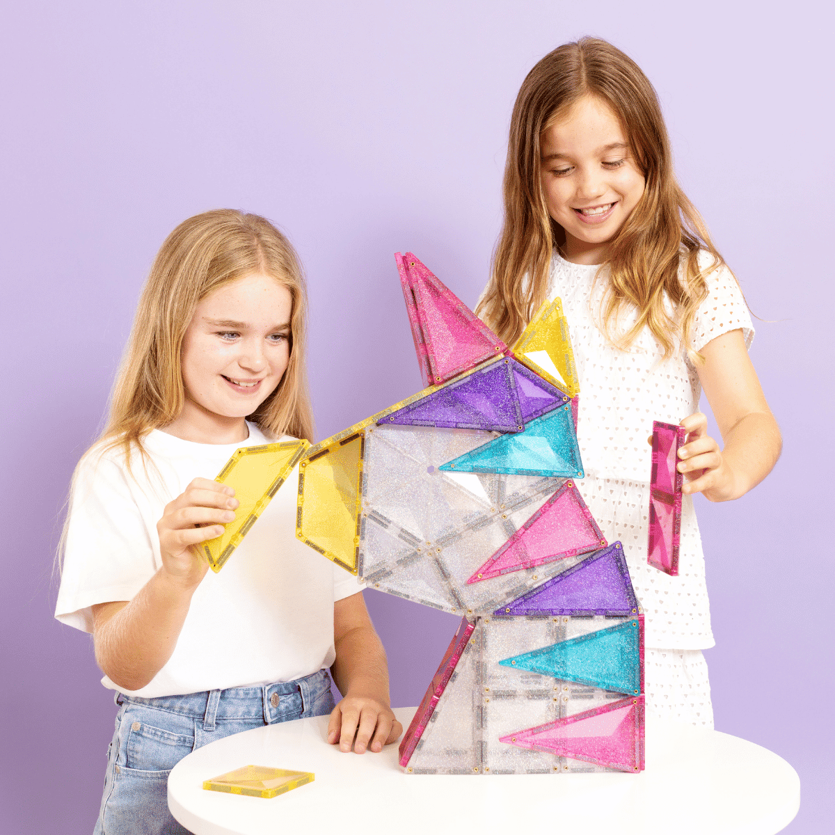 Every piece included in the Connetix Glitter Unicorn Pack 56 pc