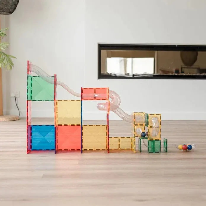 Close-up detail of the Connetix 126 Piece Starter Rainbow Ball Run Bundle