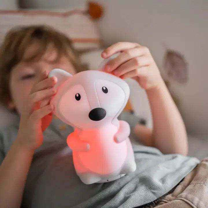 Close-up detail of the Fox silicone night light and Bluetooth speaker