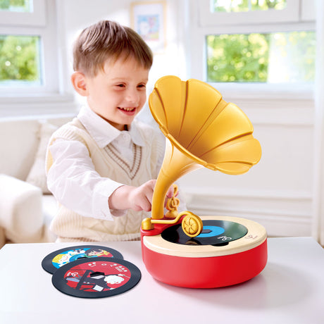 Close-up detail of the Hape Tune Time Phonograph musical toy