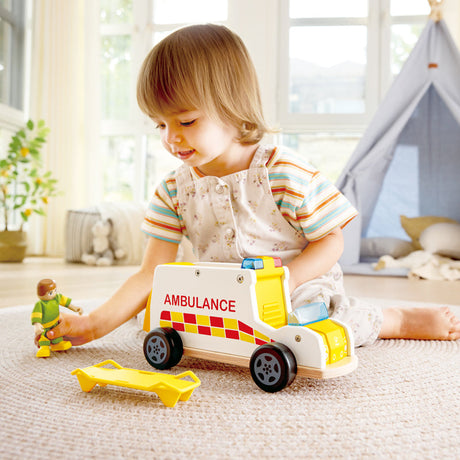 Close-up detail of the Hape Rapid Response Toy Ambulance pretend play set