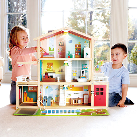 Close-up detail of the Hape Doll Family Mansion dolls house toy