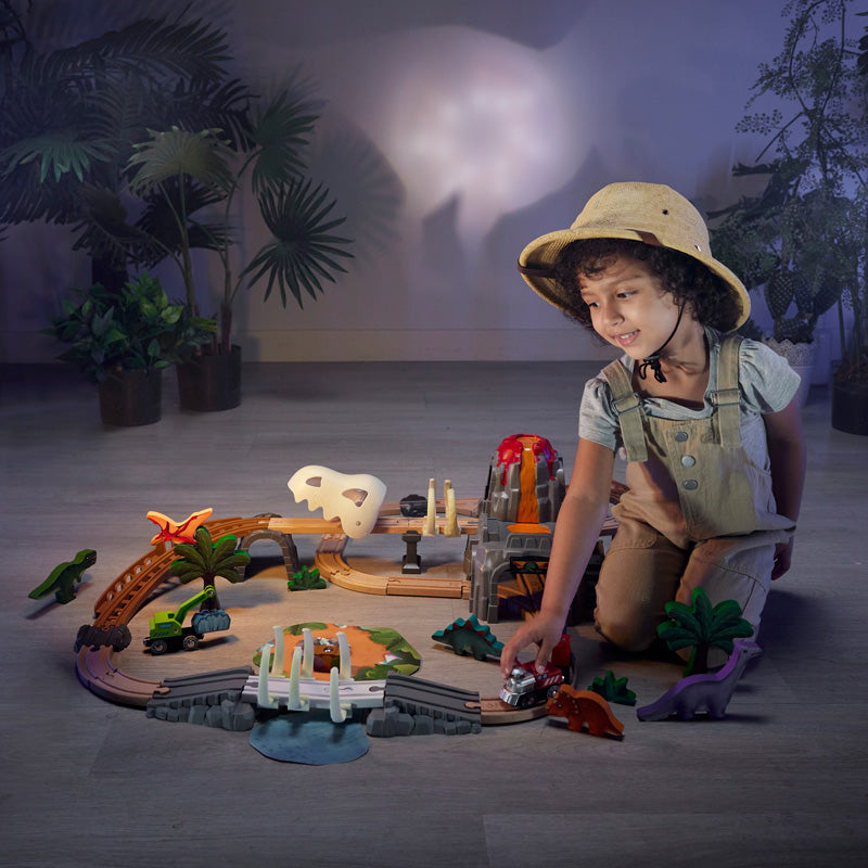 Hape Dino Railway Adventure Set pretend play set – embark on a glowing adventure with our Dino Railway Adventure Set