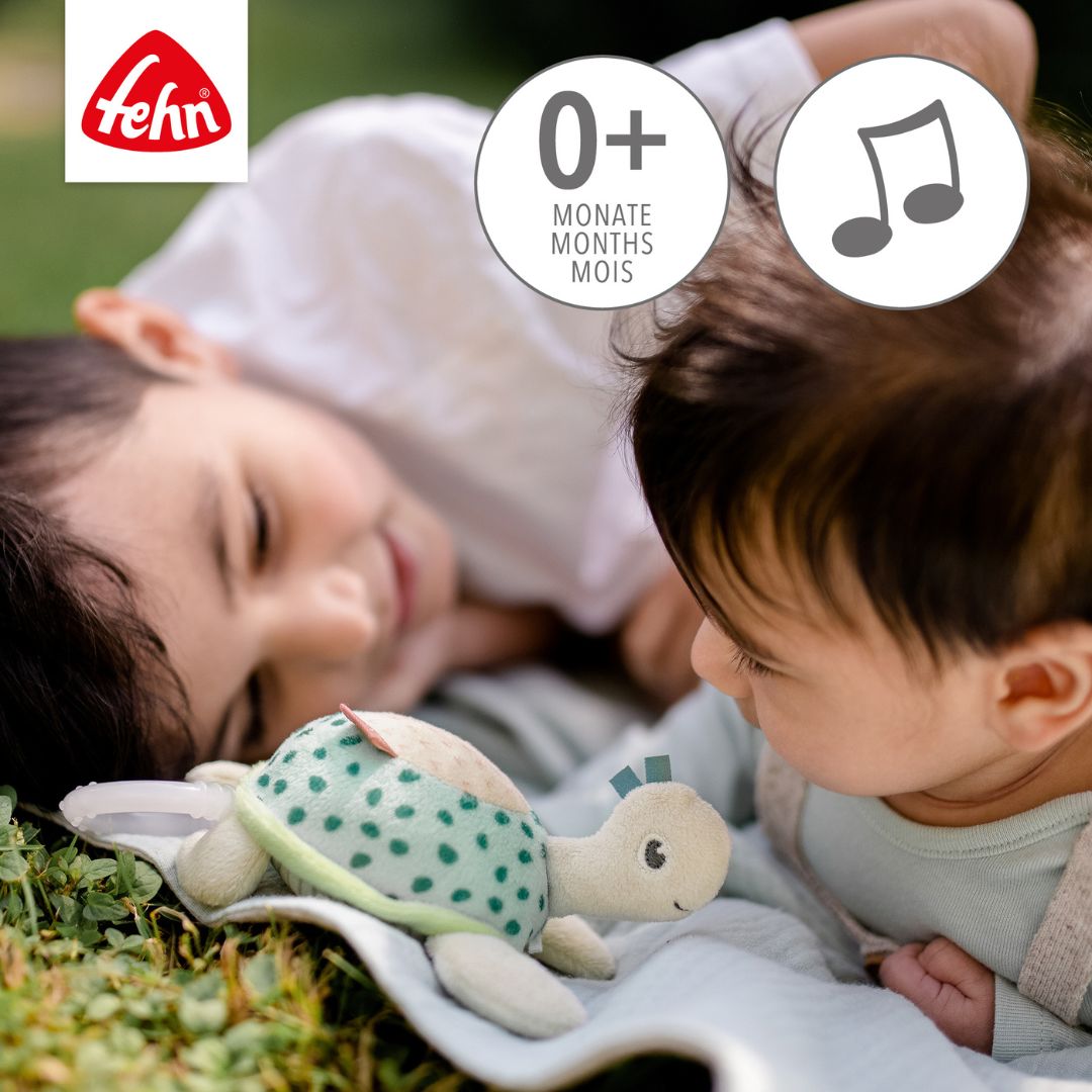 Fehn Mini Musical Turtle shown in scale against a hand