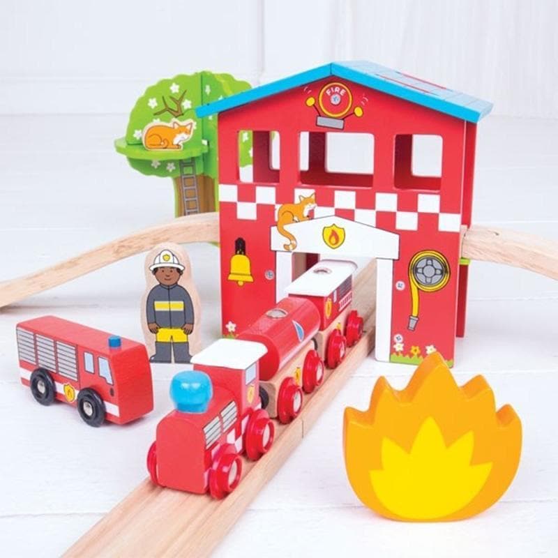 Bigjigs Fire Station Train Set toy vehicle – race to the rescue – by rail
