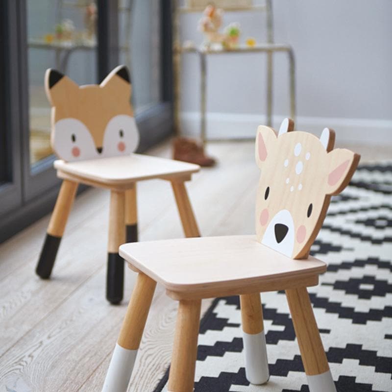 Tender Leaf Forest Fox Chair – a very sweet plywood chair with brown accents on the legs and adorable fox character back