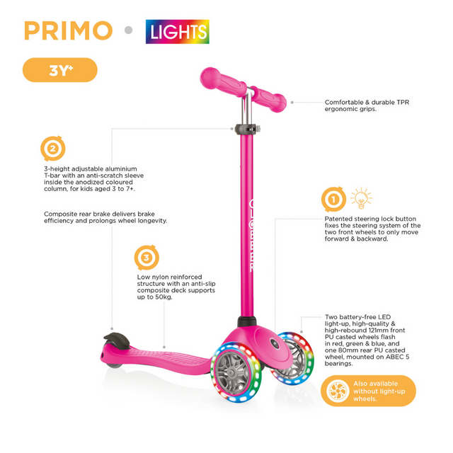 Globber Primo V2 scooter with Lights and Grip tape - Fuchsia/ Sky Blue