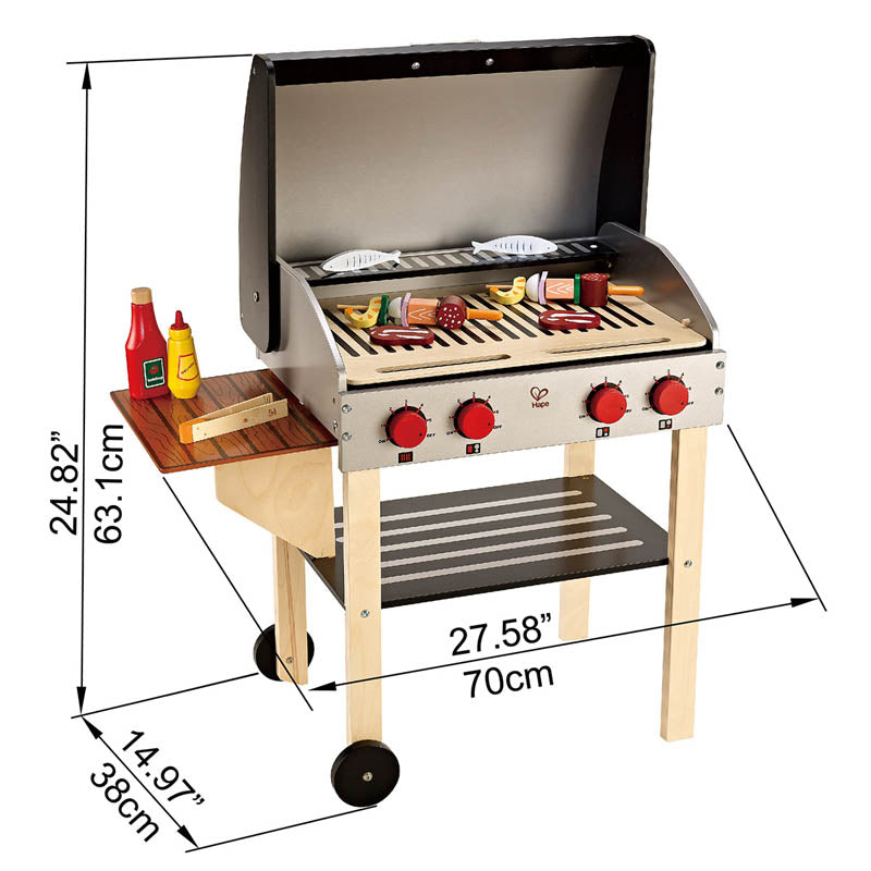 Close-up detail of the Hape Gourmet Grill With Food play food set