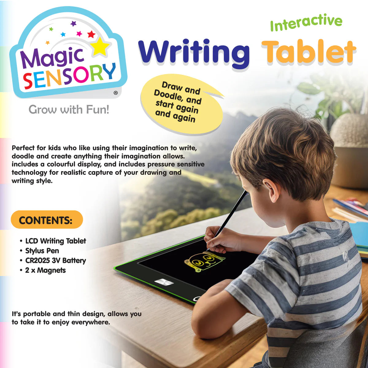 Interactive LCD Writing Tablet - Green Dino (USB Rechargeable)