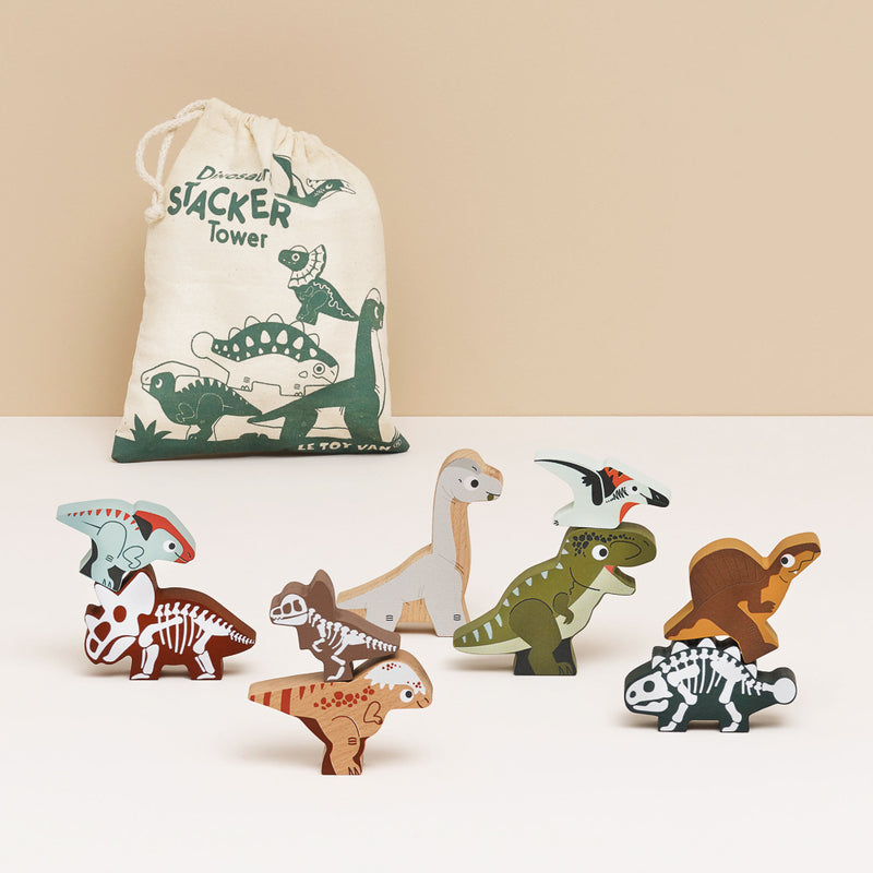 Le Toy Van Jurassic Stacking Dinosaurs & Bag – stack the dinosaurs… then flip them for FOSSILS