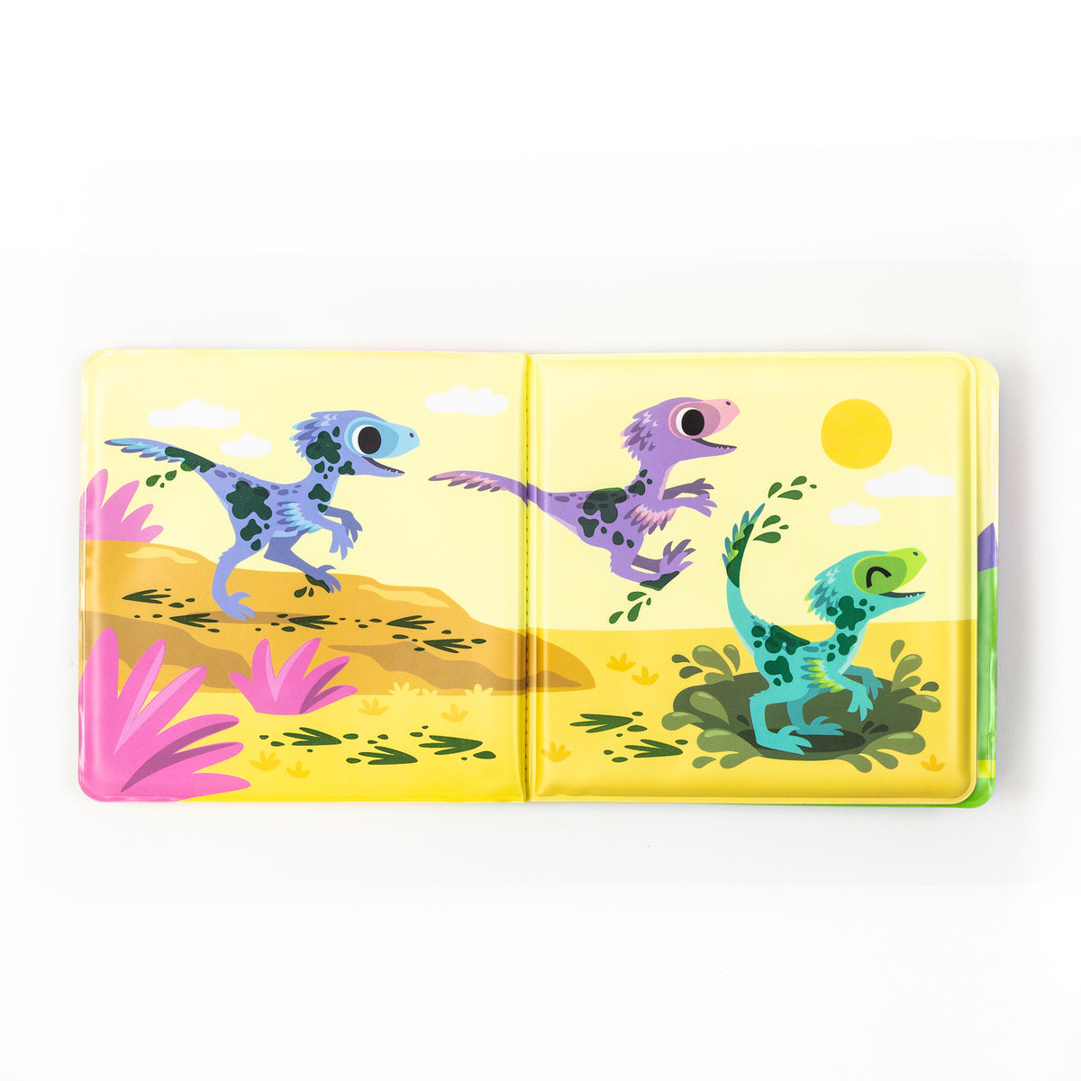 Close-up detail of the Magic Bath Book - Messy Dinosaurs
