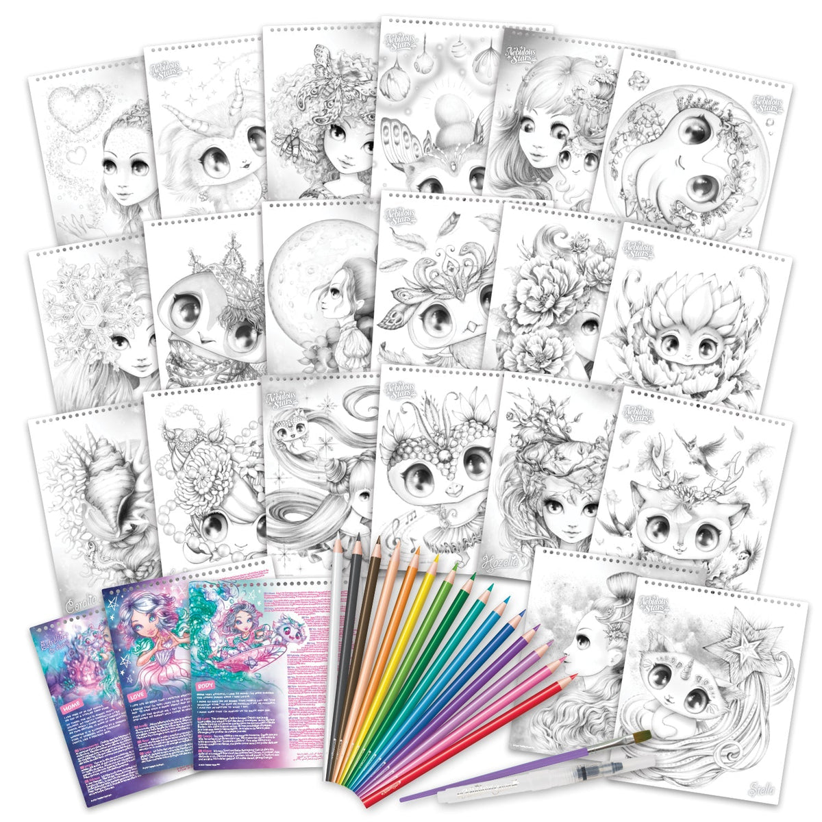 Nebulous Stars Watercolouring Book Set shown with all pieces laid out