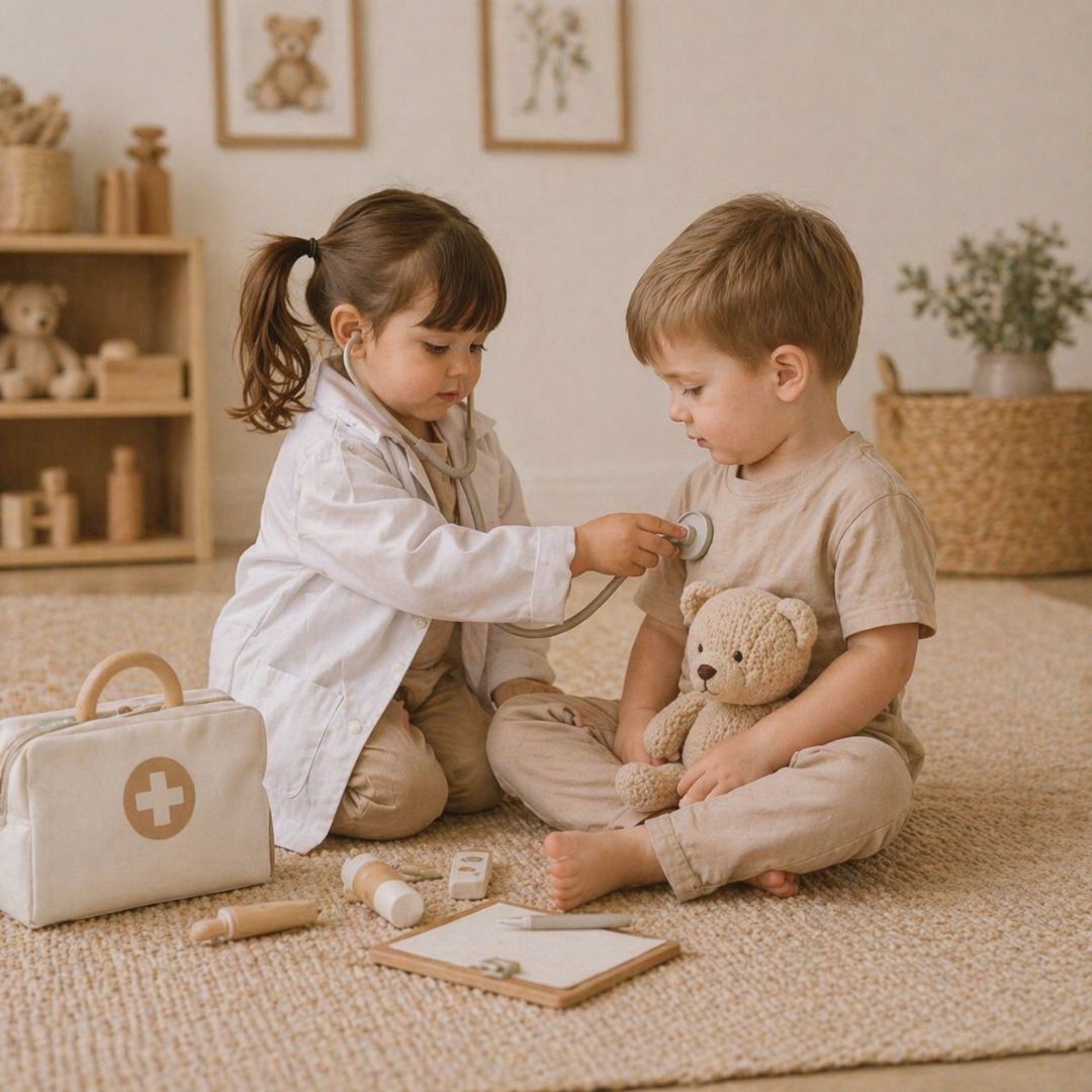 2 year old engaging in imaginative pretend play with wooden toys