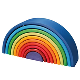 A wooden stacking rainbow toy with concentric semi-circular arches in blue, green, yellow, orange, red, and purple, shown on a plain white background.