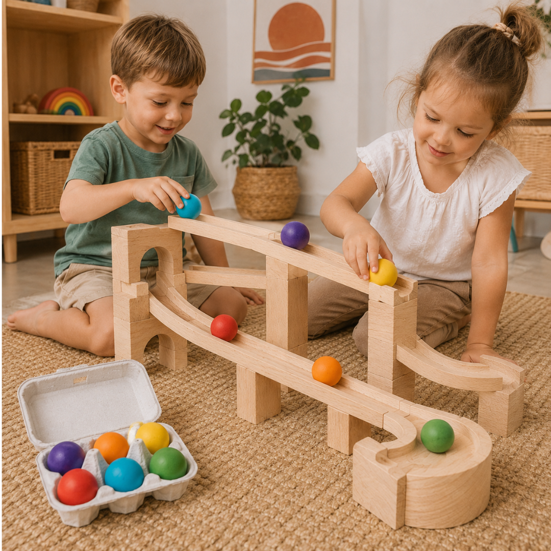 Two children playing with a wooden marble run toy in a bright, cozy room. The wooden track has multiple levels and curves, with colorful balls rolling down it.