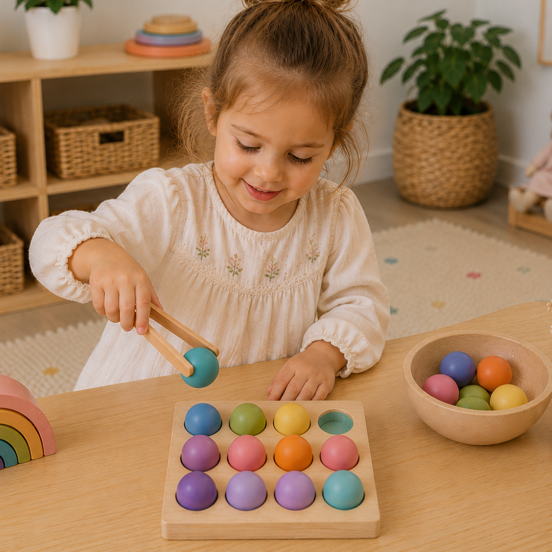 Close-up detail of the Small Wooden Rainbow Balls Pastel