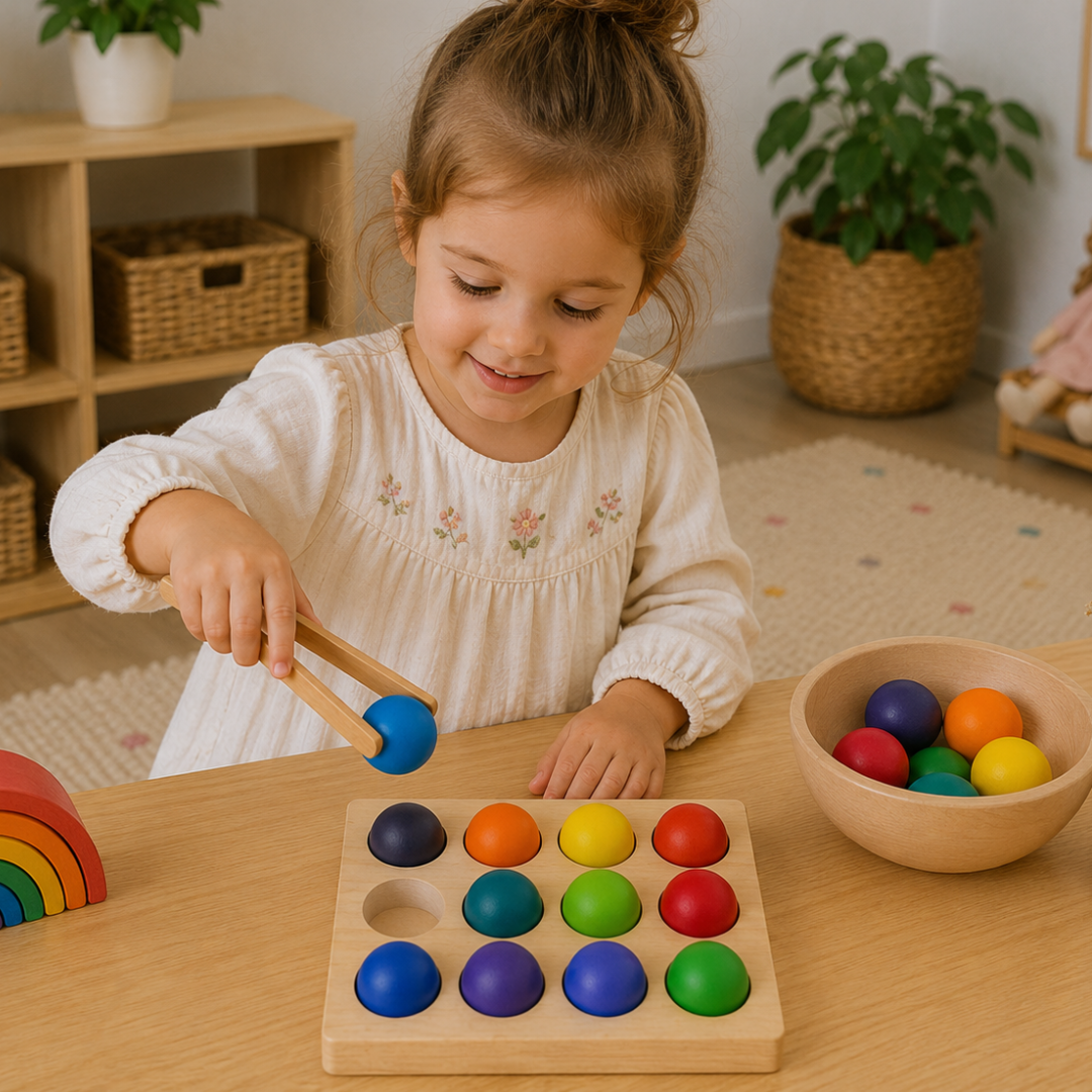 Close-up detail of the Small Wooden Rainbow Balls Bright