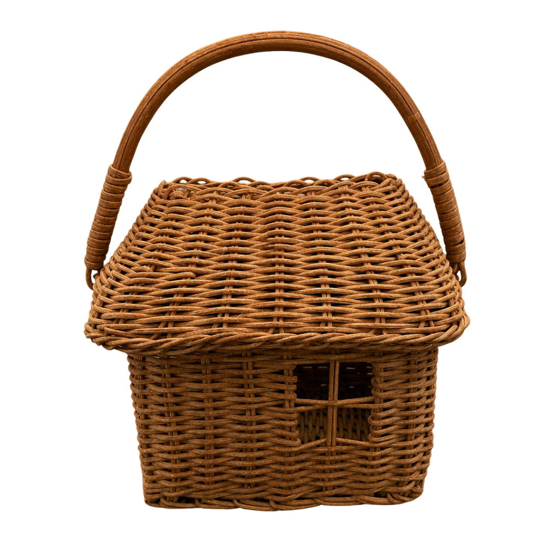 A brown woven wicker basket with a house-shaped design, featuring a small window cutout on the front and a curved top handle, isolated on a white background.