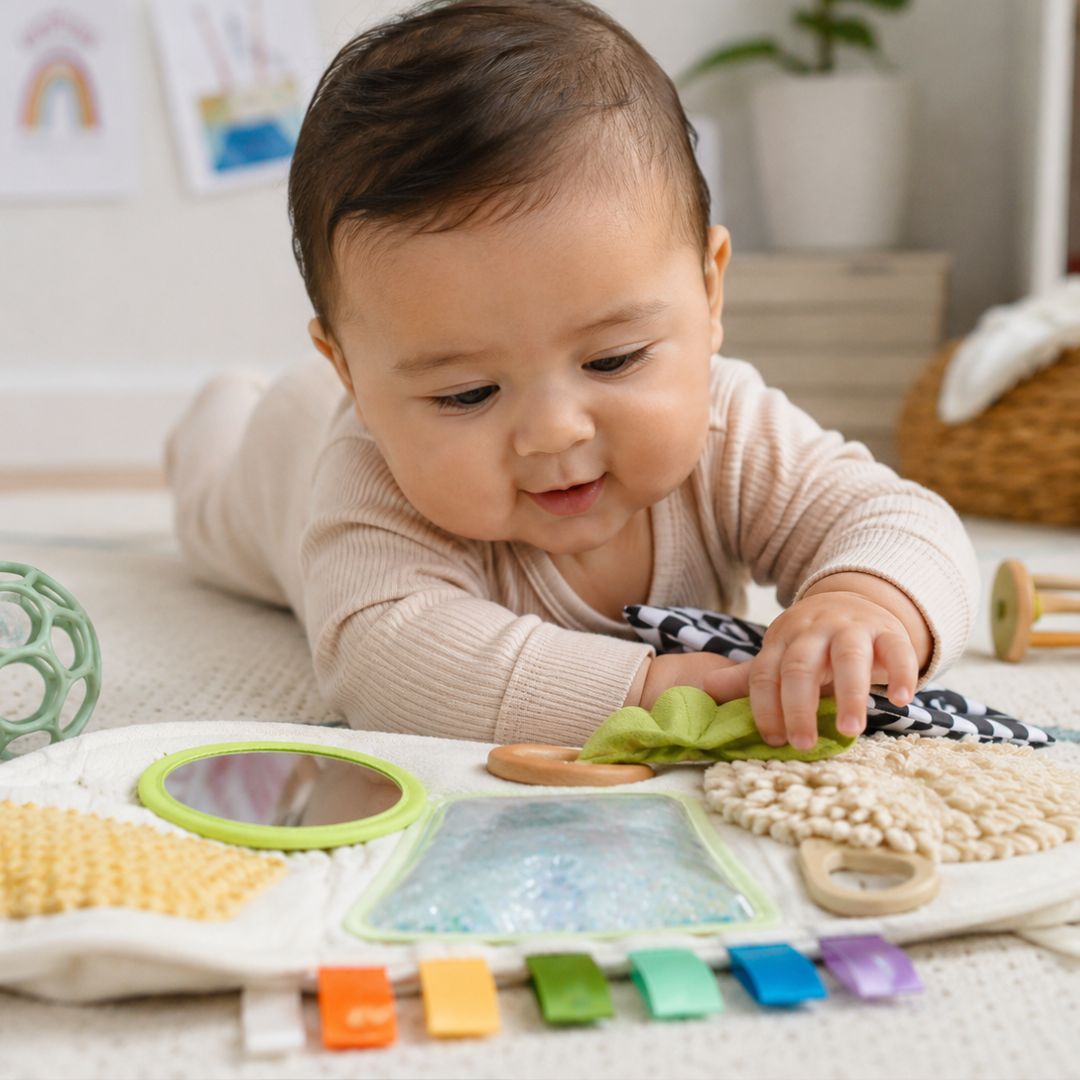 One year old exploring sensory toys through calm tactile play