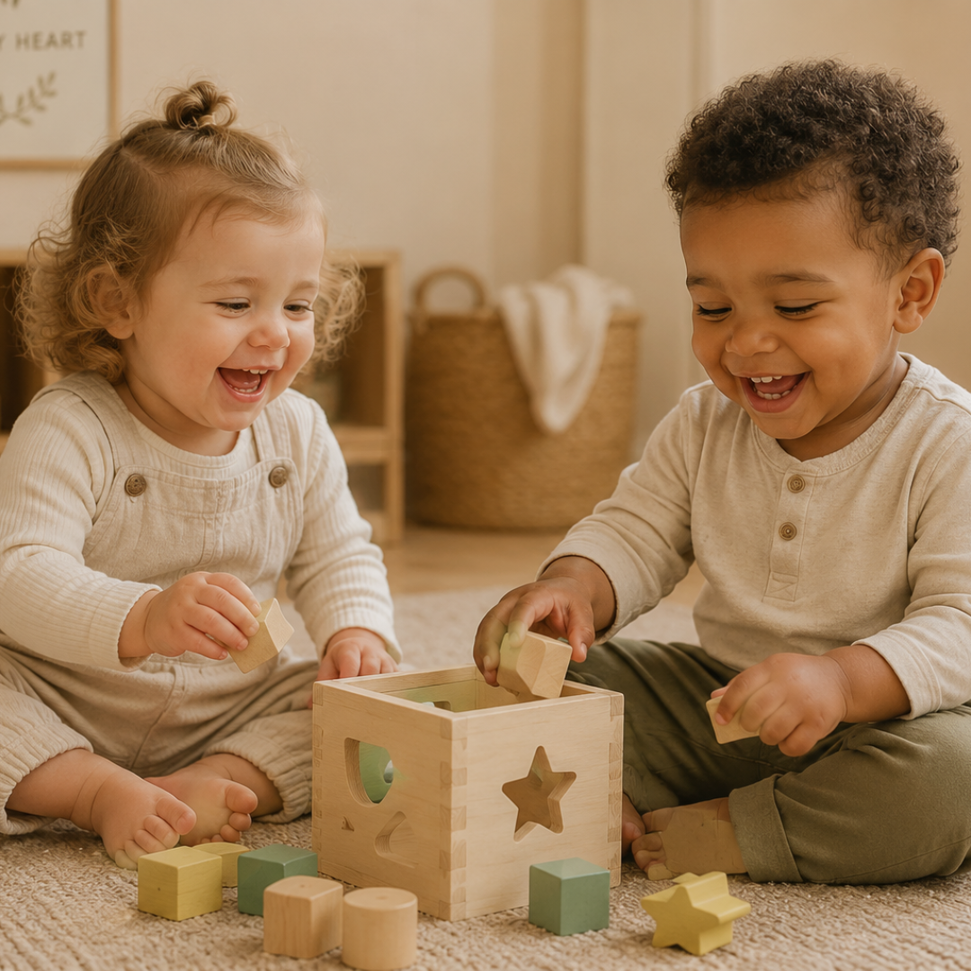 Toddler independently exploring open-ended wooden toys