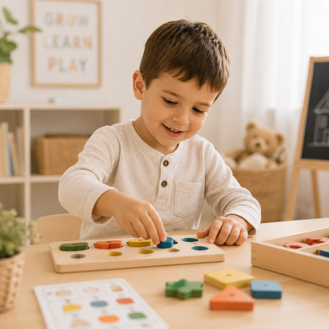 Five year old engaged in educational STEM and puzzle learning activities