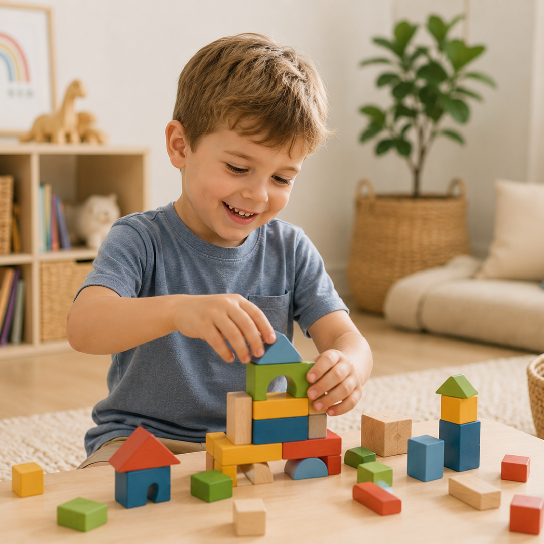 Five year old building creatively with STEM toys and magnetic tiles