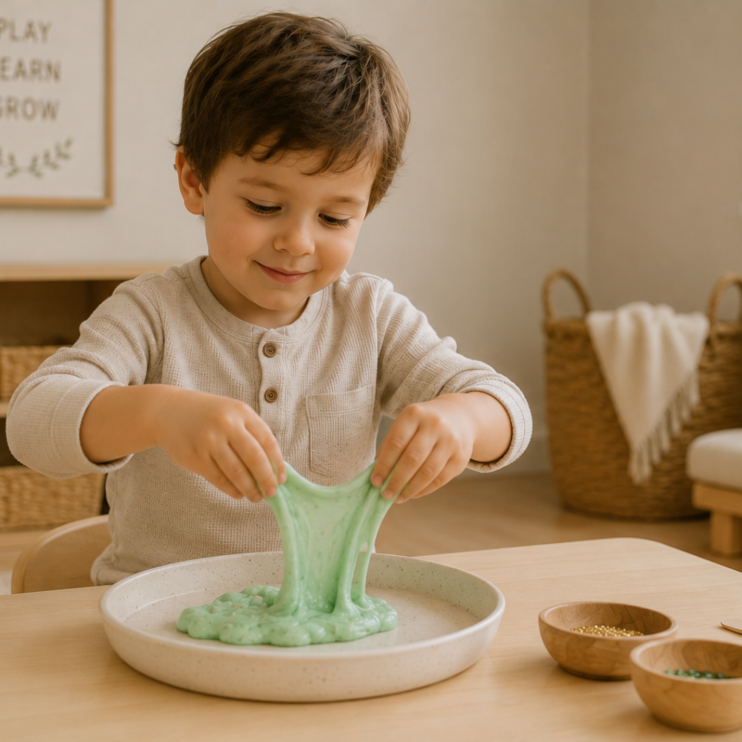 Four year old engaged in calm sensory play with tactile learning toys