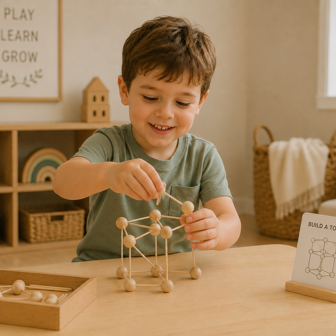 Four year old engaged in educational puzzles and STEM learning activities