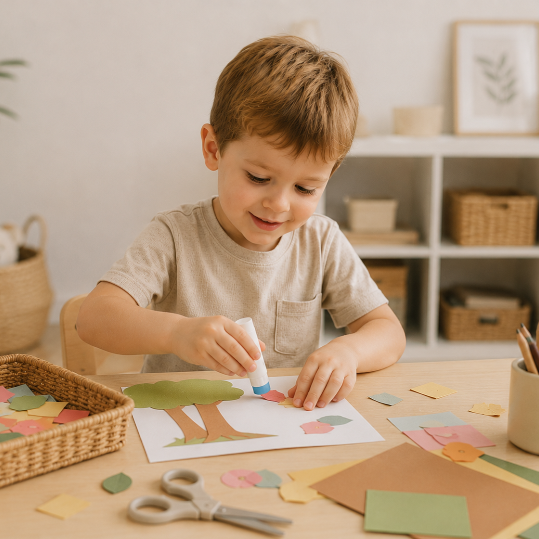 Four year old engaged in creative arts and crafts play with drawing and painting activities