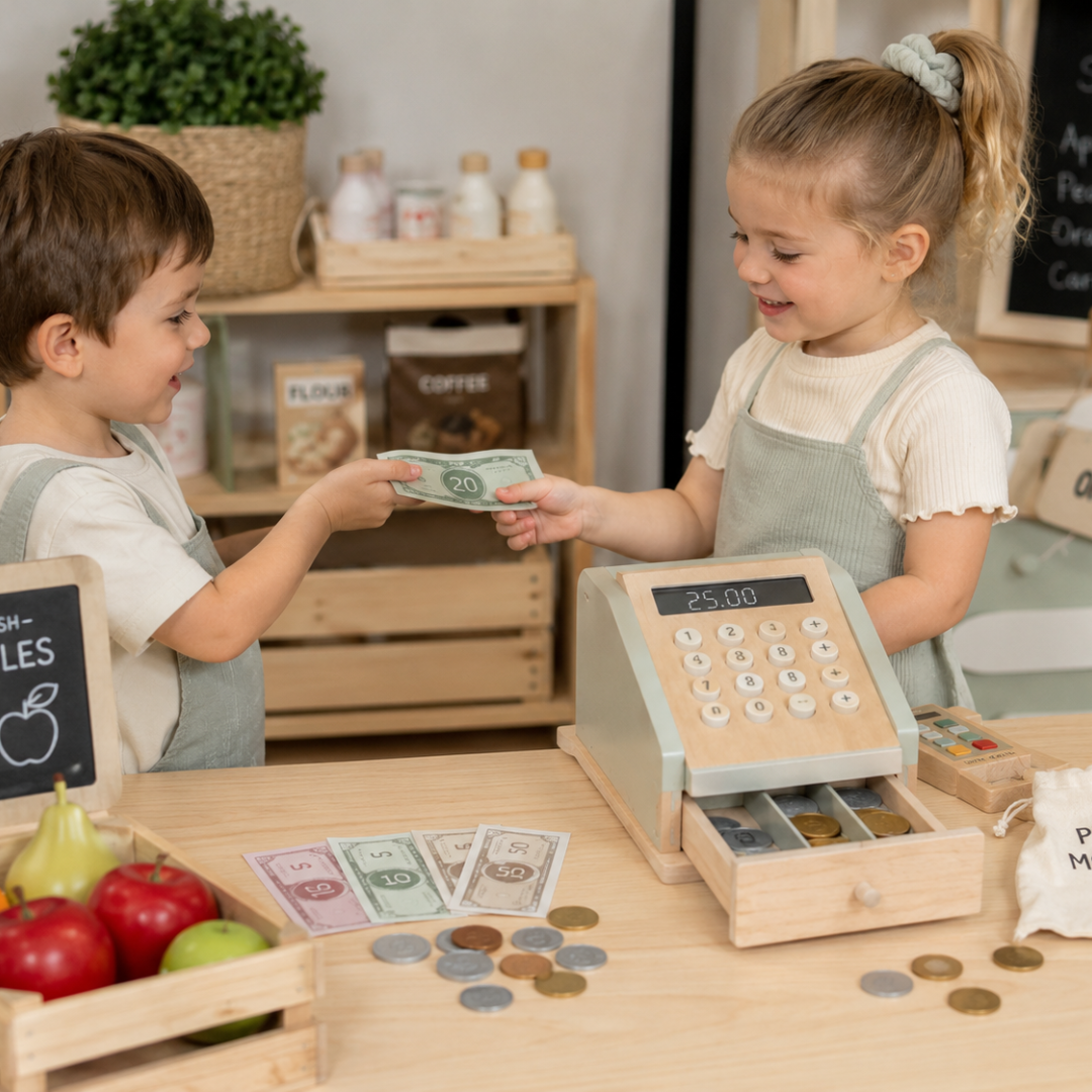 Four year old engaged in imaginative pretend play with dolls and role play toys