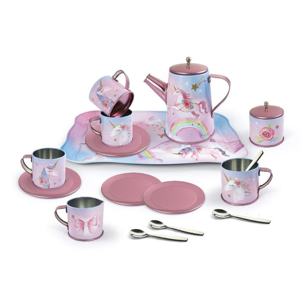 Rainbow Unicorn Tin Tea Set for Kids – 18-Piece Pretend Play – My