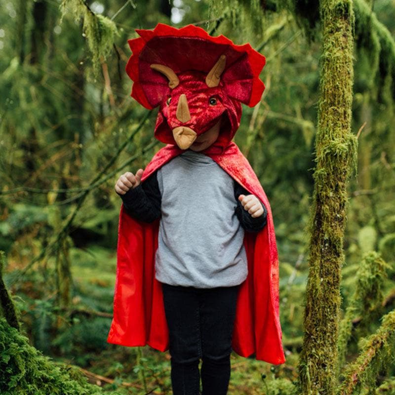 Close-up detail of the Red Triceratops Hooded Cape