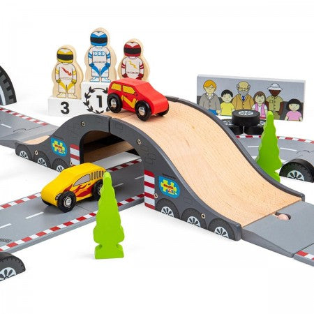 Bigjigs Roadway Race Day Set wooden toy – lights out and away we go