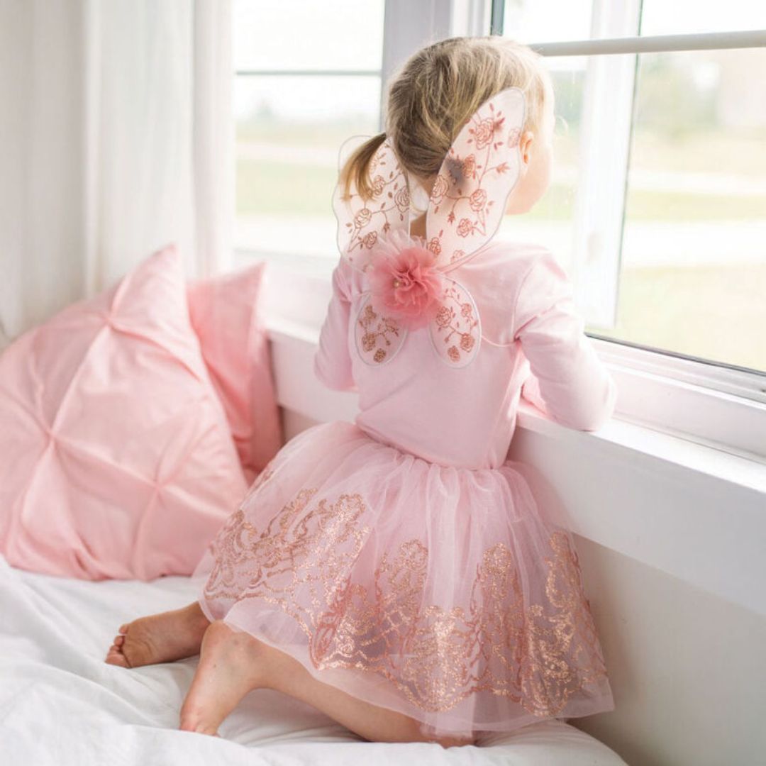 Close-up detail of the Rose Gold Tutu & Wings Set Sz 4-6