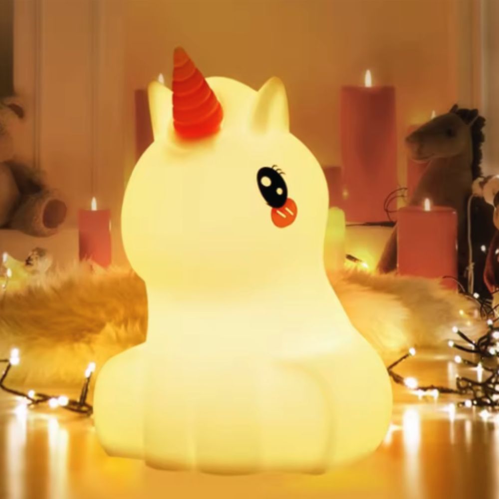 Close-up detail of the Unicorn silicone night light and Bluetooth speaker