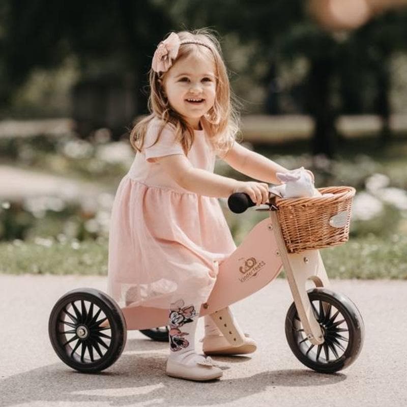 Close-up detail of the Kinderfeets Tiny Tot Plus Convertible Trike - Rose