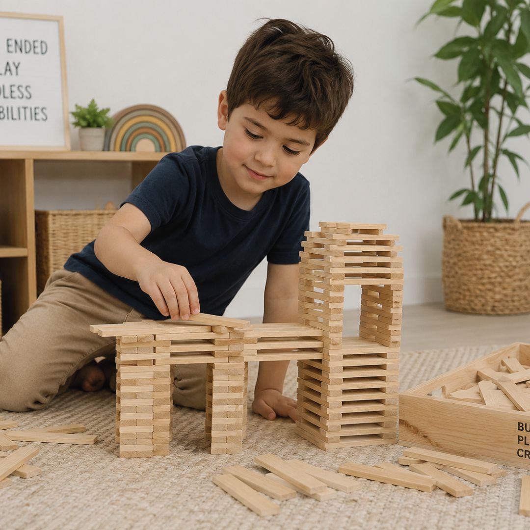 Four year old building creatively with magnetic tiles and construction toys