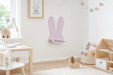 Pink Bunny Wall Shelf styled in a children's room