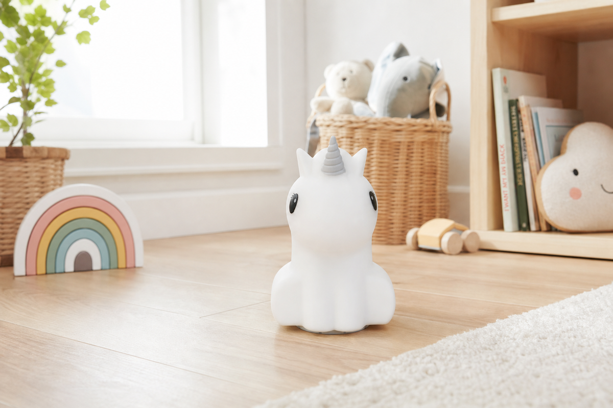 Close-up detail of the Silver Unicorn silicone night light and Bluetooth speaker