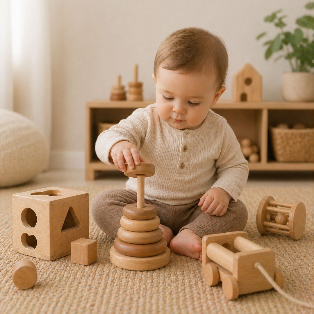 One year old independently exploring open-ended toys